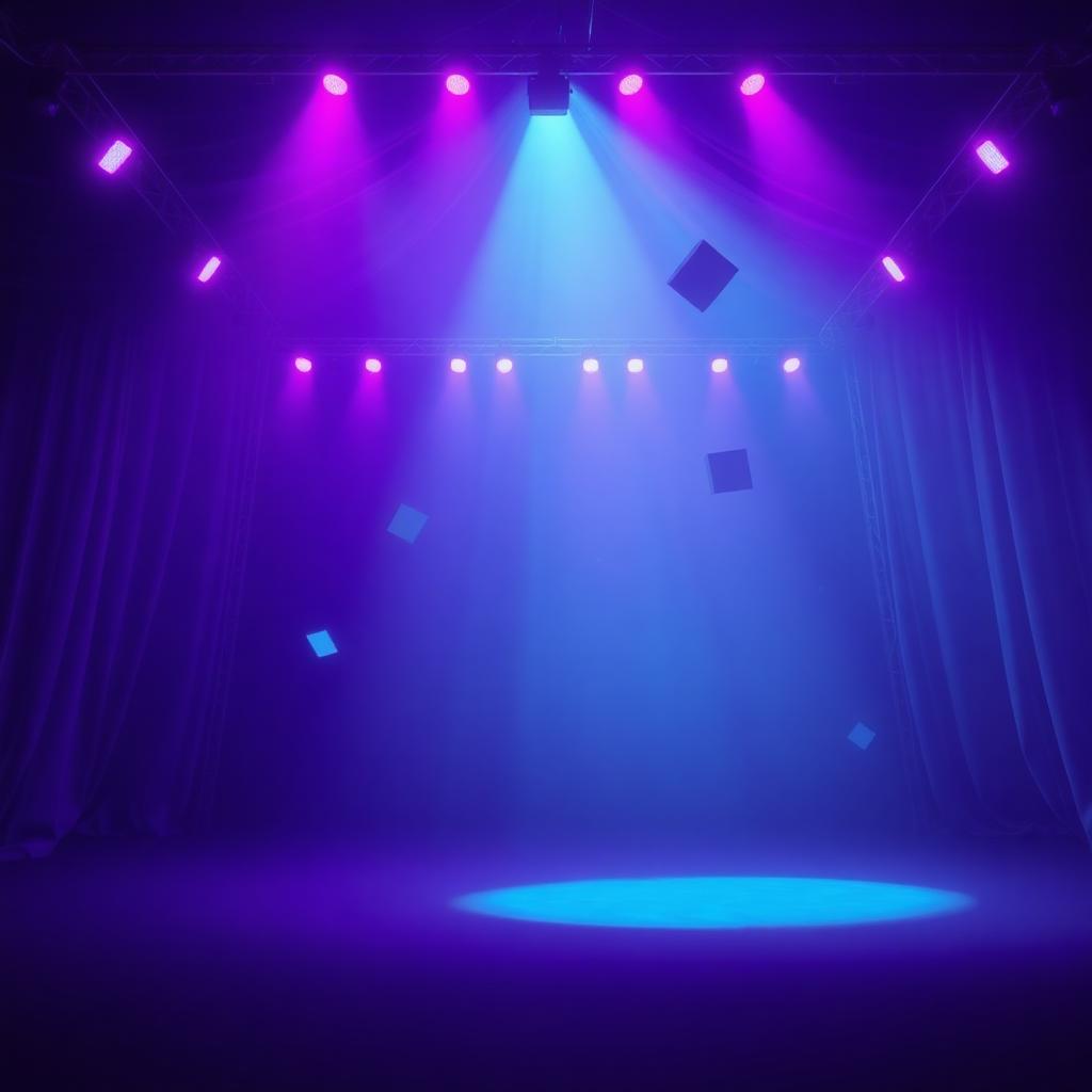 A dark surreal stage lit with purple and blue spotlights and floating geometric shapes, suggesting an abstract circus tent atmosphere