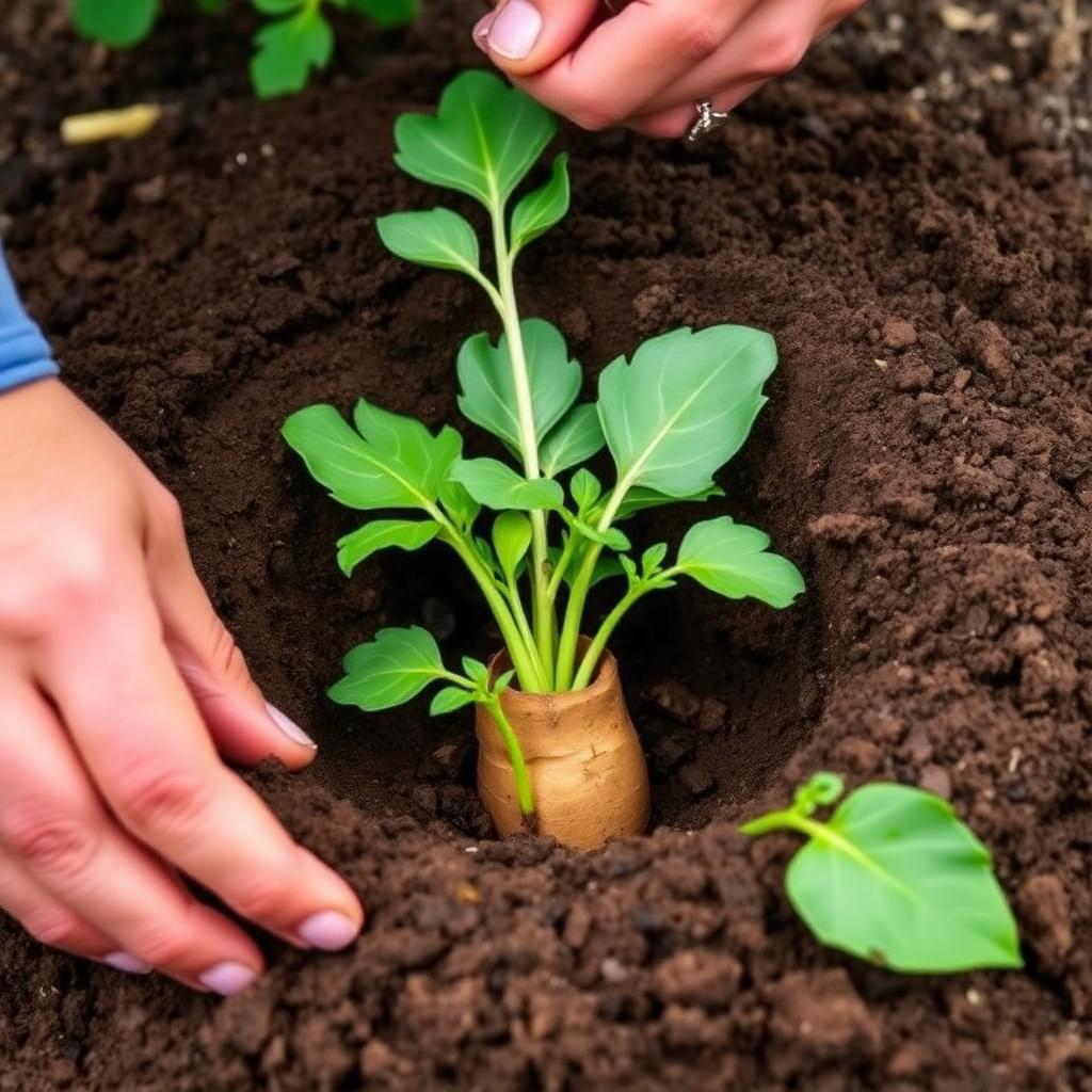 A single sweet potato slip with green leaves being planted deep into a raised soil mound by gardener hands.