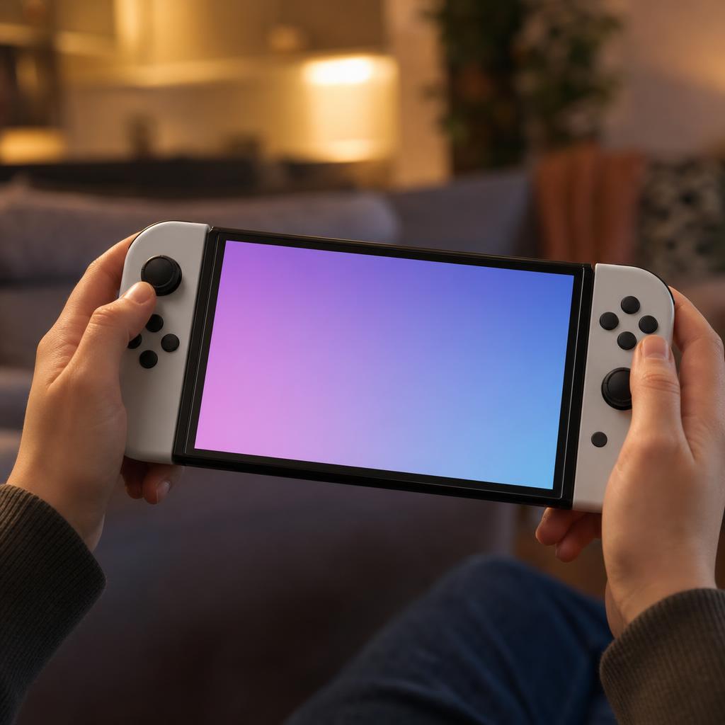 Hands holding a Nintendo Switch console in a cosy living room about to start a Pokemon game