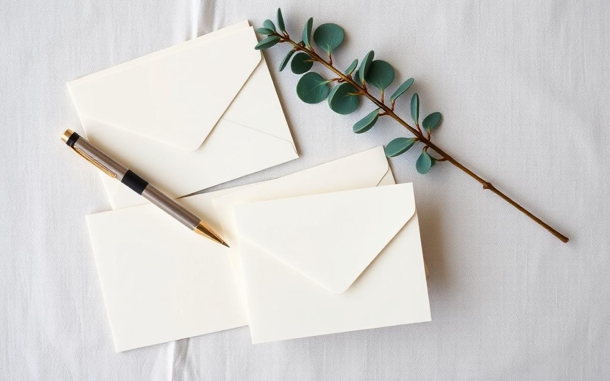 Blank cream sympathy note cards and envelopes with a pen and eucalyptus sprig on linen