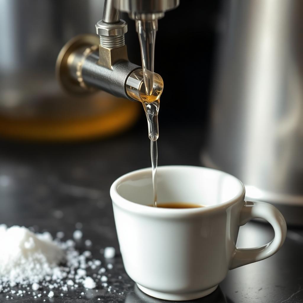 Clear syrup being dispensed from a bar pump into a small espresso cup, illustrating how flavored base syrups add sugar to blended coffee drinks