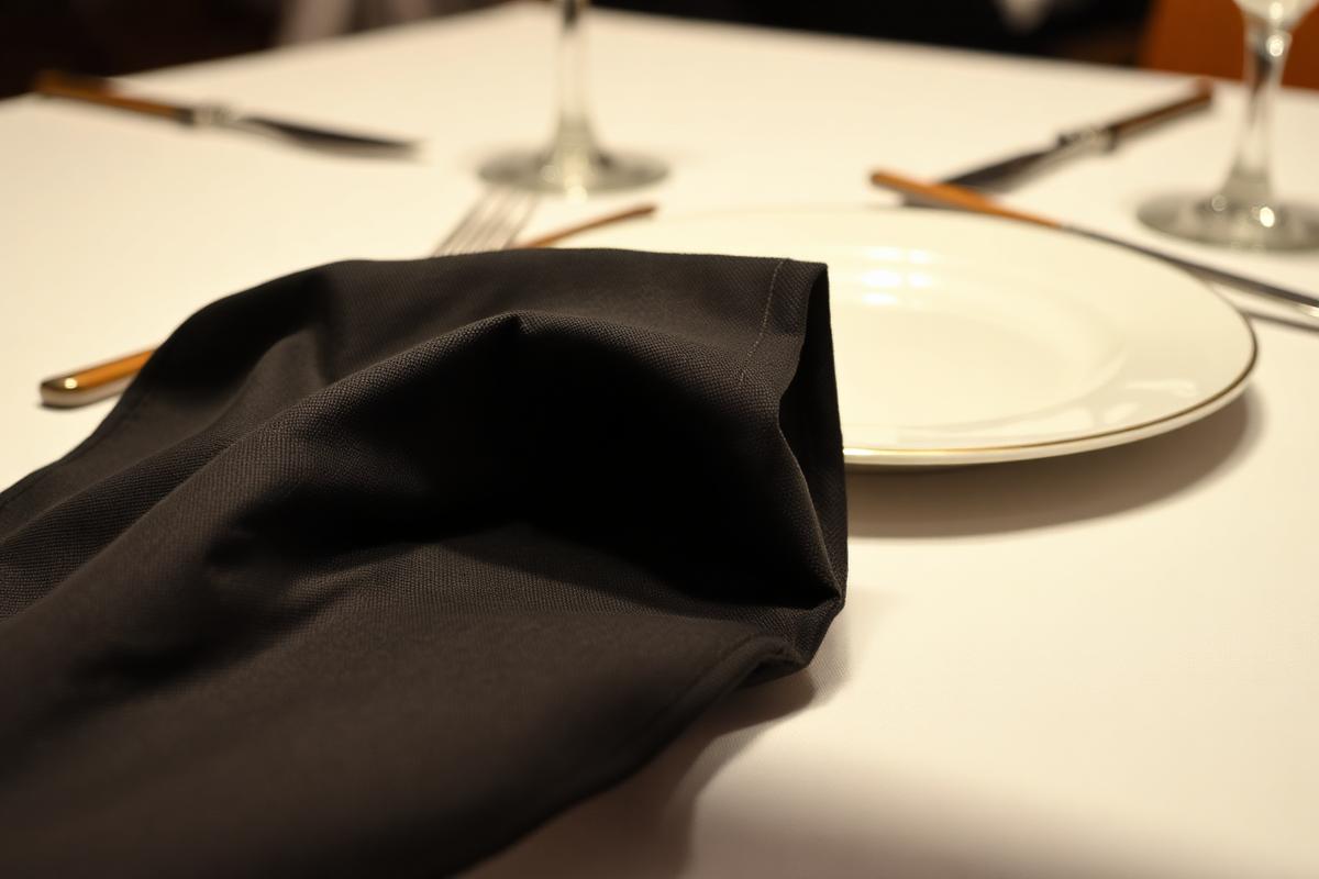Dinner napkin folded beside a plate at a set restaurant table showing correct table manners
