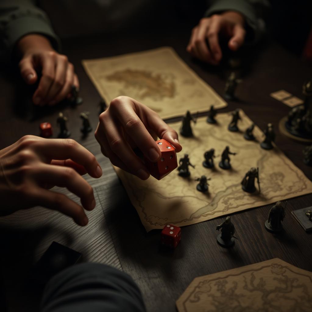 Vampire: The Masquerade Crossing Over: Hands rolling a polyhedral dice onto a wooden tabletop scattered with miniature fantasy figurines and a folded map
