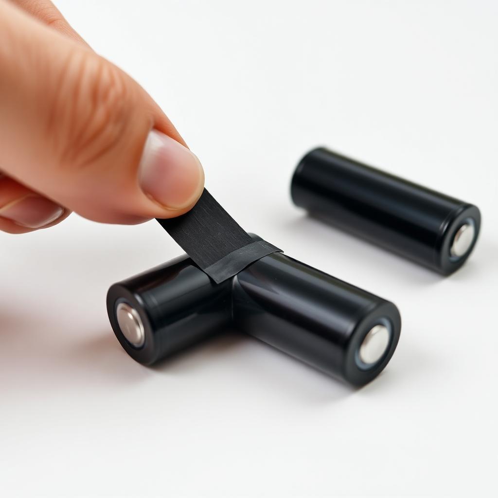 A hand placing a strip of black electrical tape across the terminals of a small cylindrical battery