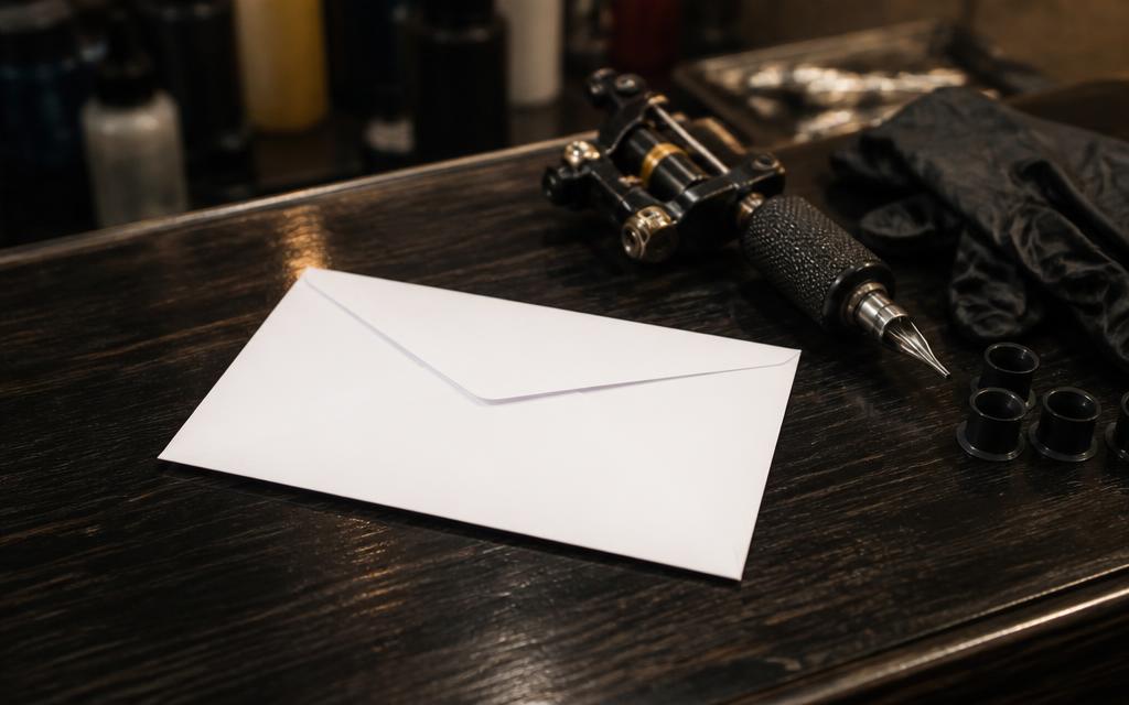 Plain tip envelope on a tattoo studio counter beside a tattoo machine and gloves
