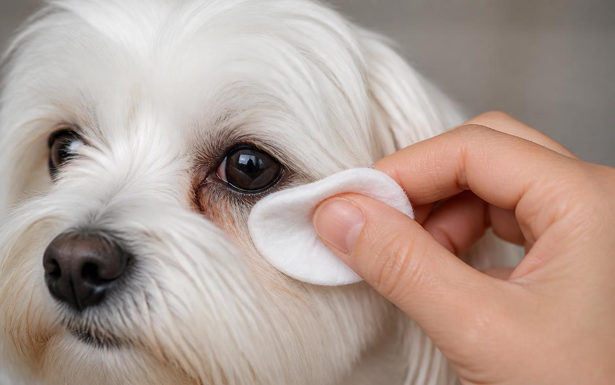 Human hand gently wiping under the eye of a small white dog with a soft cotton pad soaked in tear stain remover