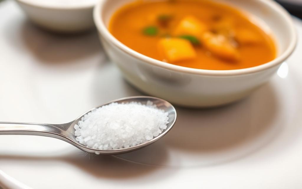 Level teaspoon of salt on a plate beside a bowl of soup showing a full day of sodium in one measure