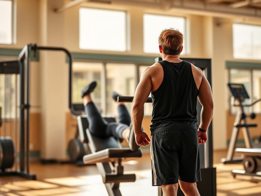 Parent supervising a teenager using a leg press machine in a sunlit gym