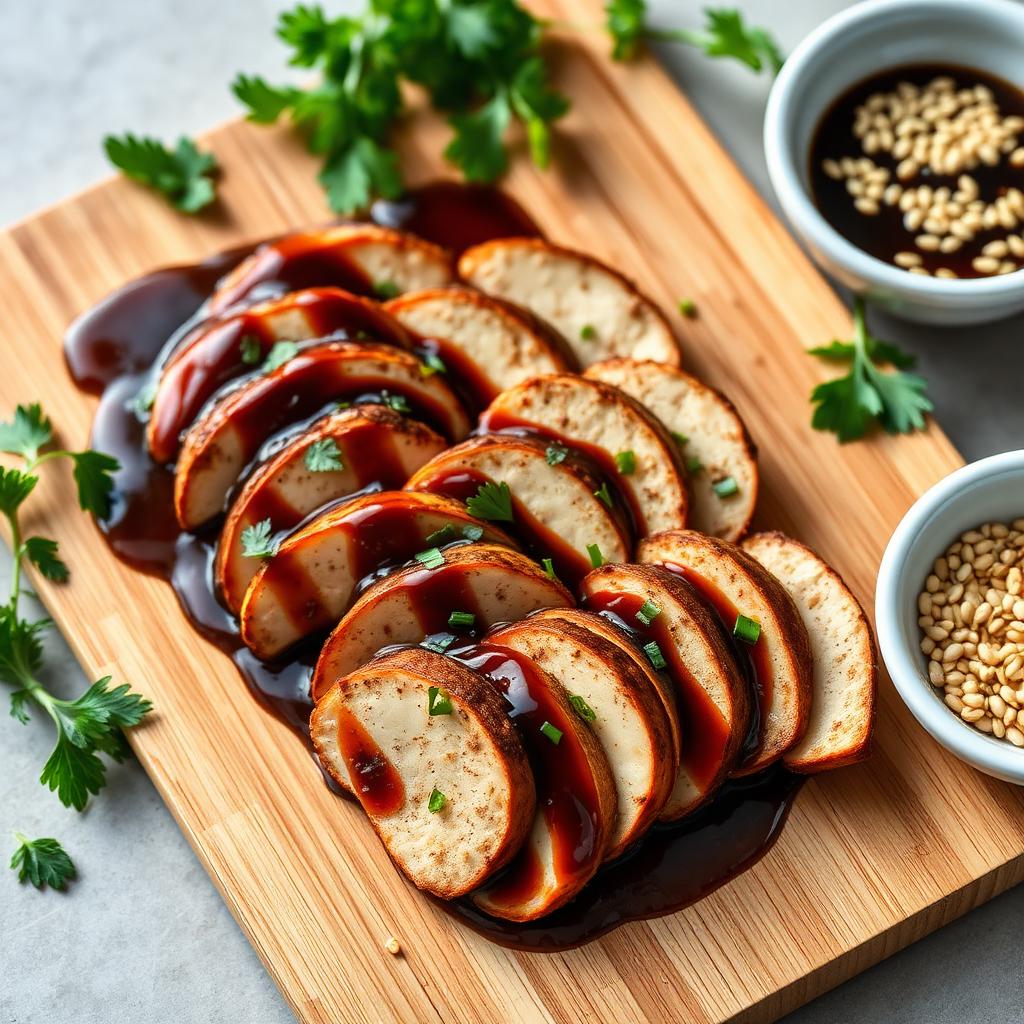the Best Plant Based Protein Sources: Sliced tempeh marinated in soy sauce arranged on a wooden board with herbs