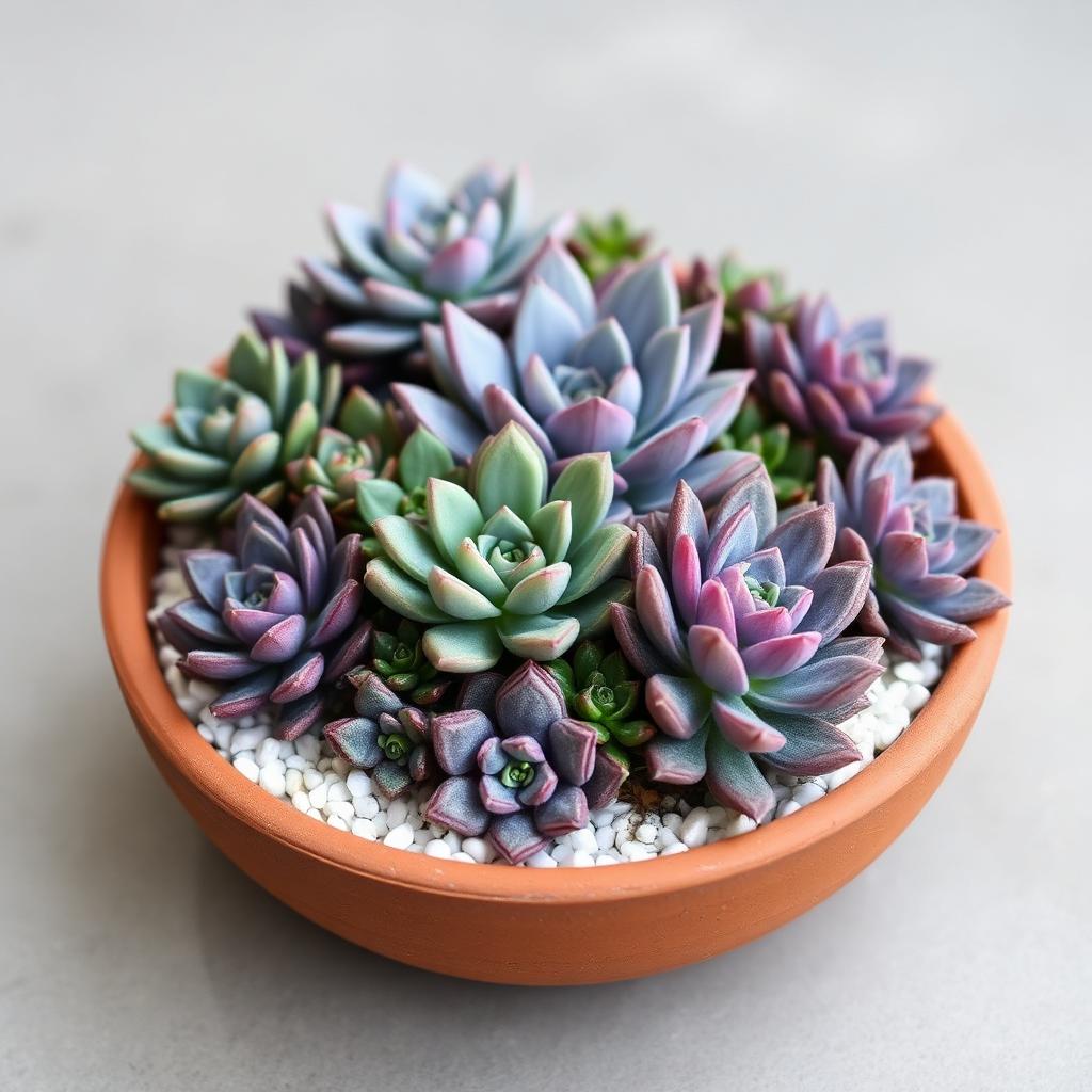 A terracotta bowl planted with a tight arrangement of varied succulent rosettes
