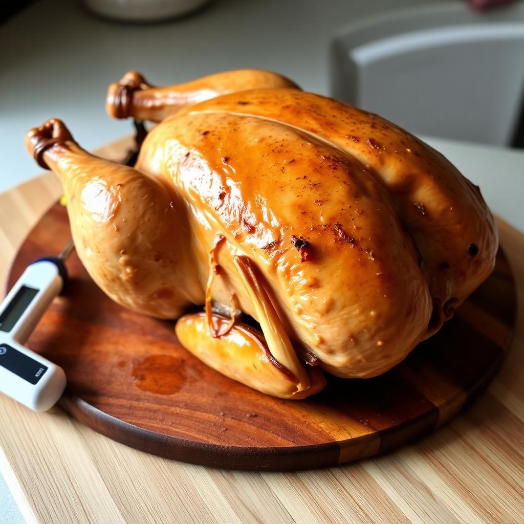 Roasted whole chicken on a wooden carving board with a probe thermometer inserted into the thigh