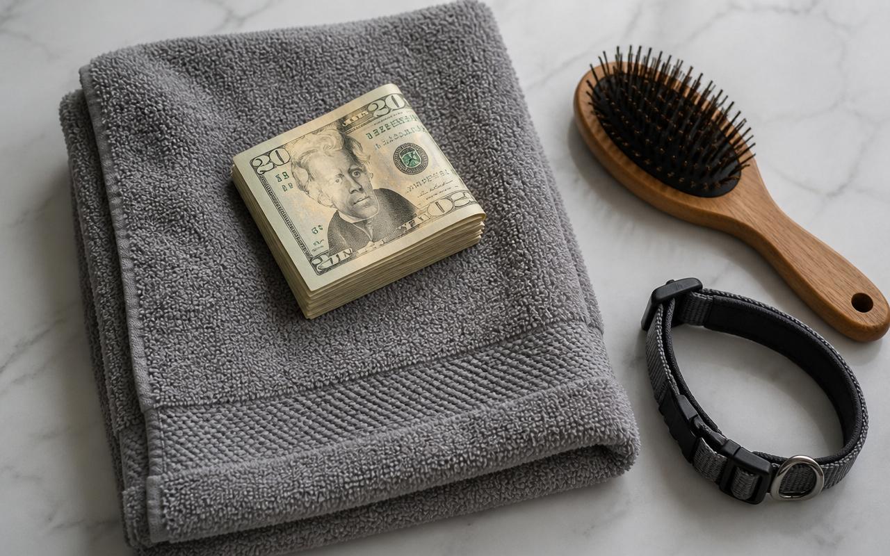 Hands passing folded cash across a clean reception counter at a dog grooming salon with a happy dog in the background
