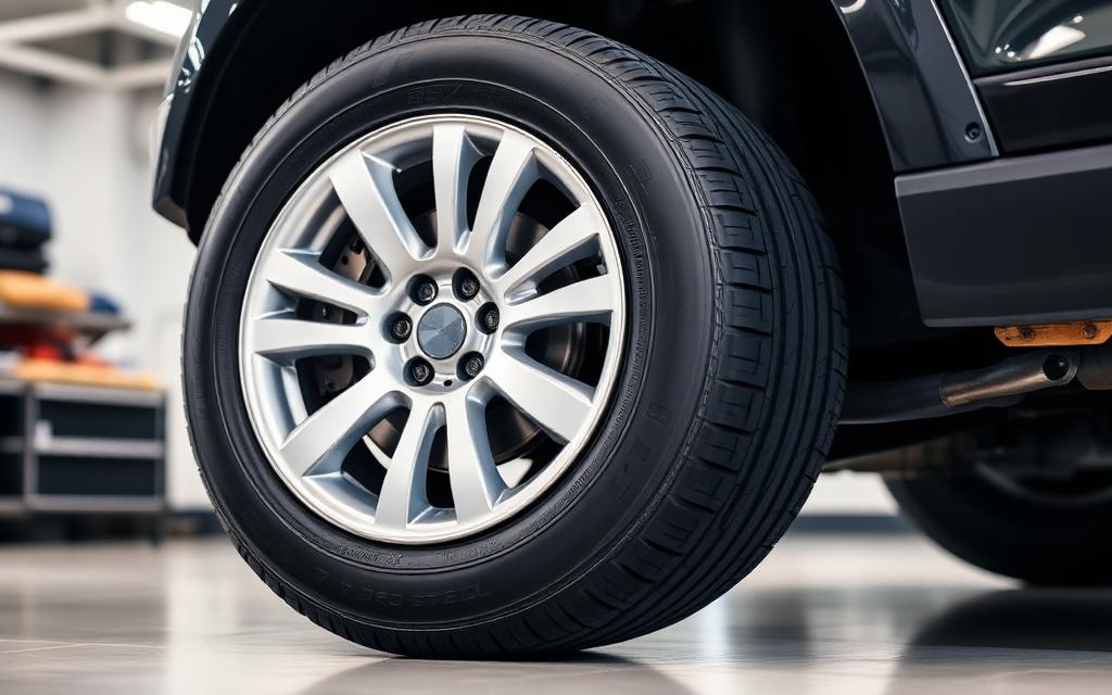 Car tire and alloy wheel photographed in a garage during a winter readiness check