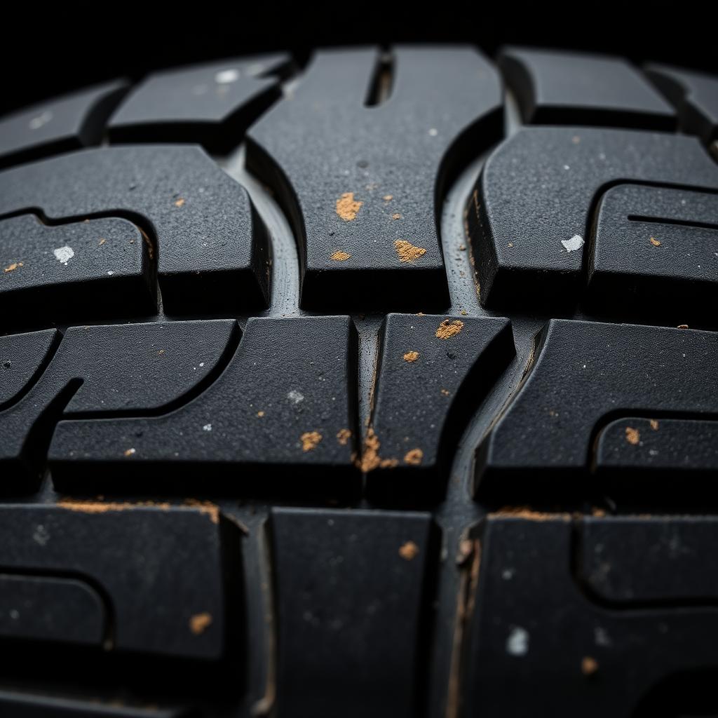 Close-up macro of a worn tire tread with raised wear indicator bars visible inside the grooves