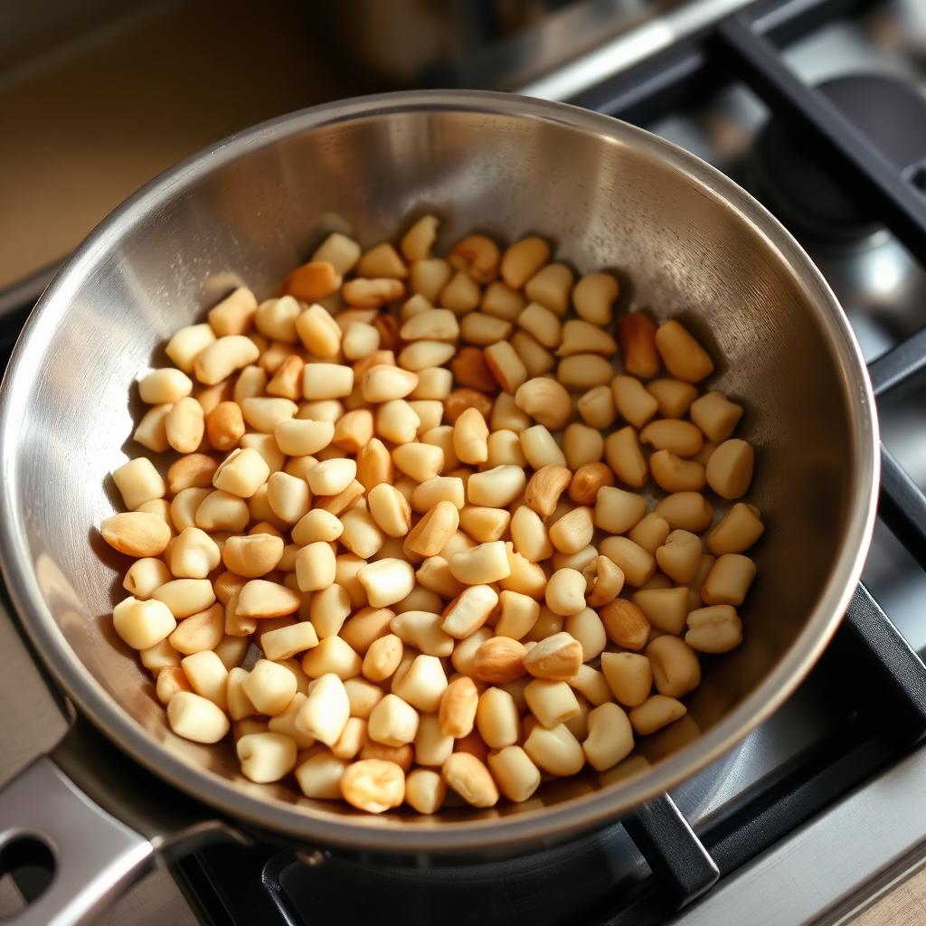 Chopped macadamia nuts being lightly toasted in a stainless steel skillet