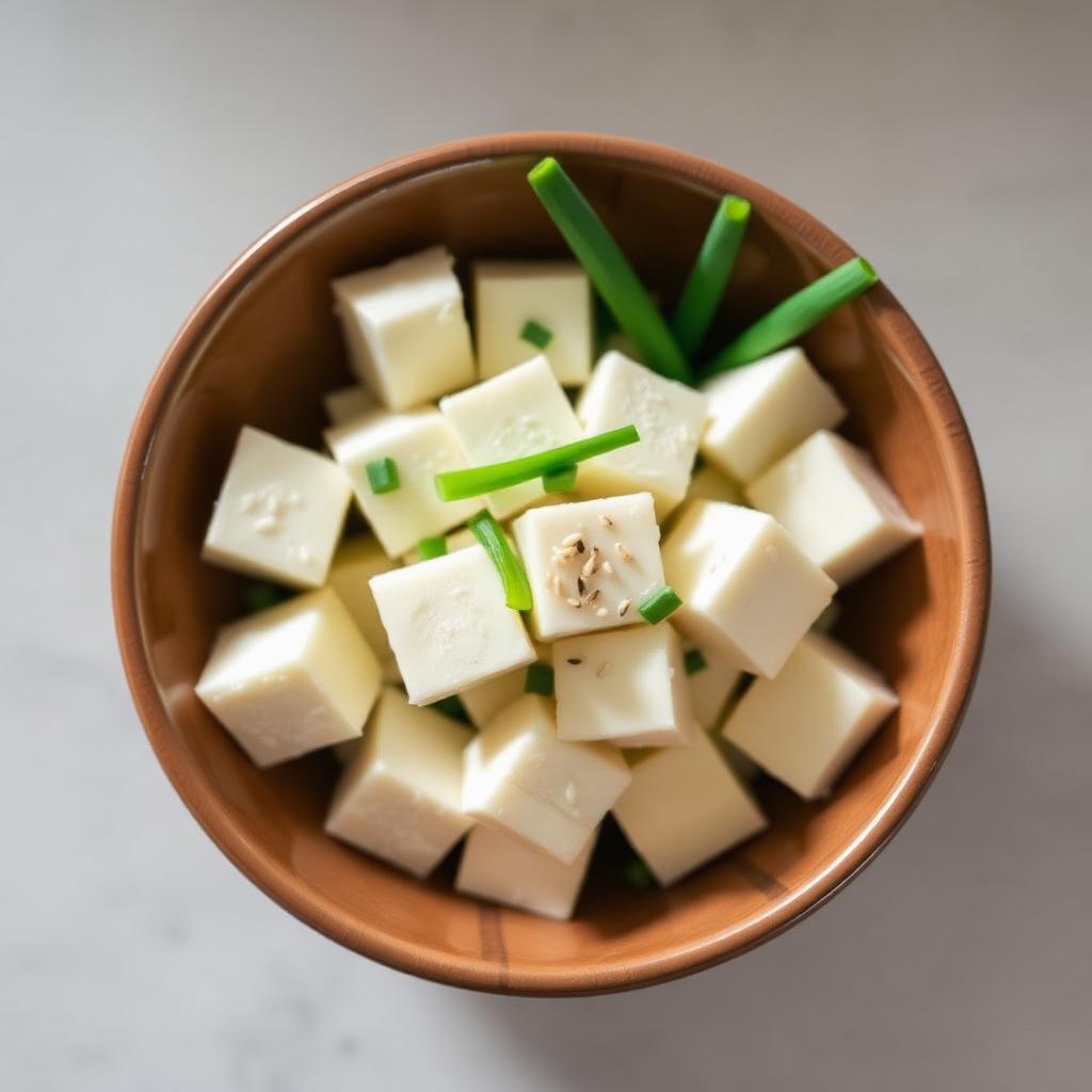 the Hufu Diet: Cubes of firm white tofu in a brown ceramic bowl topped with sesame seeds and chopped scallions