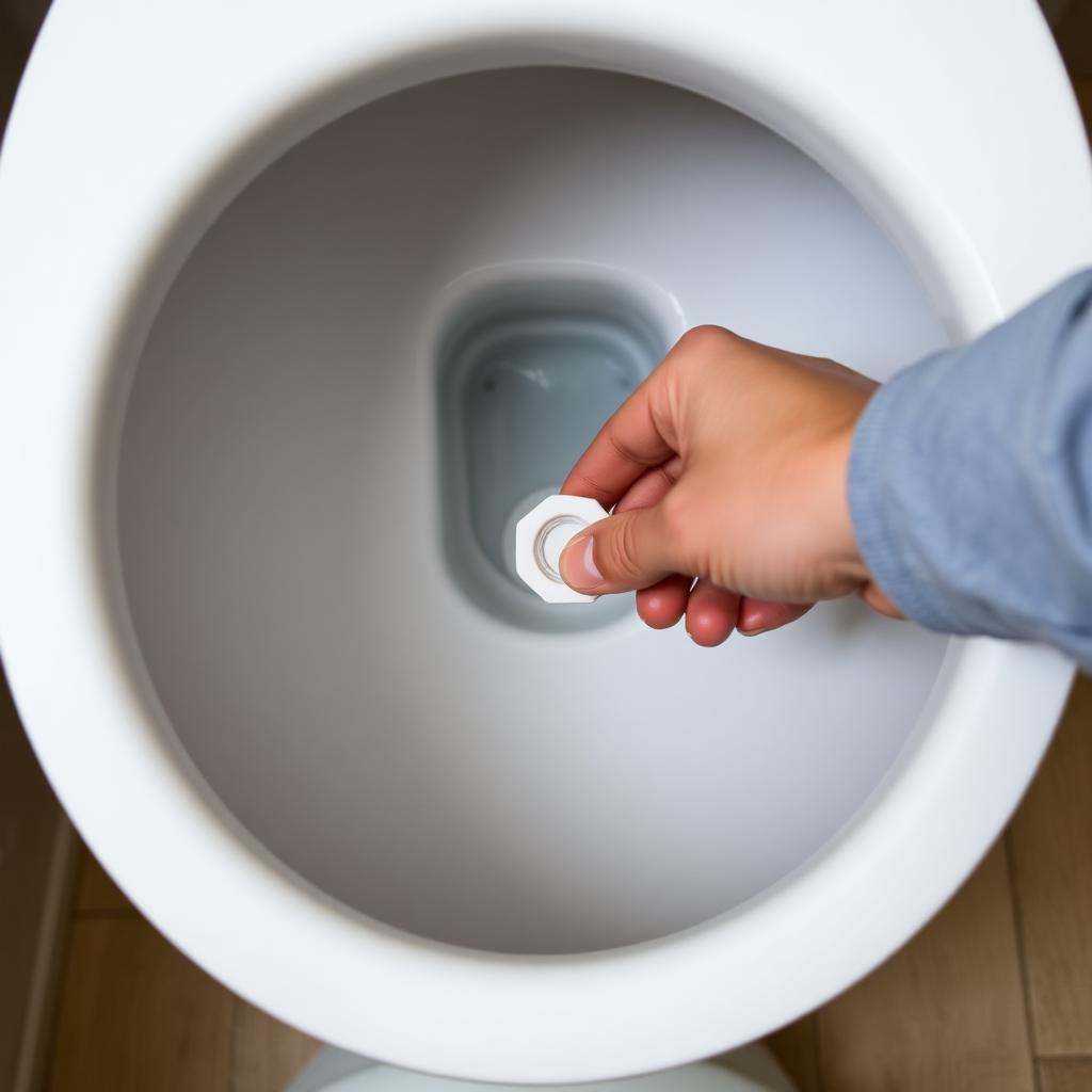 View from above into a toilet bowl showing a hand holding the underside nut of a new toilet seat bolt during installation.