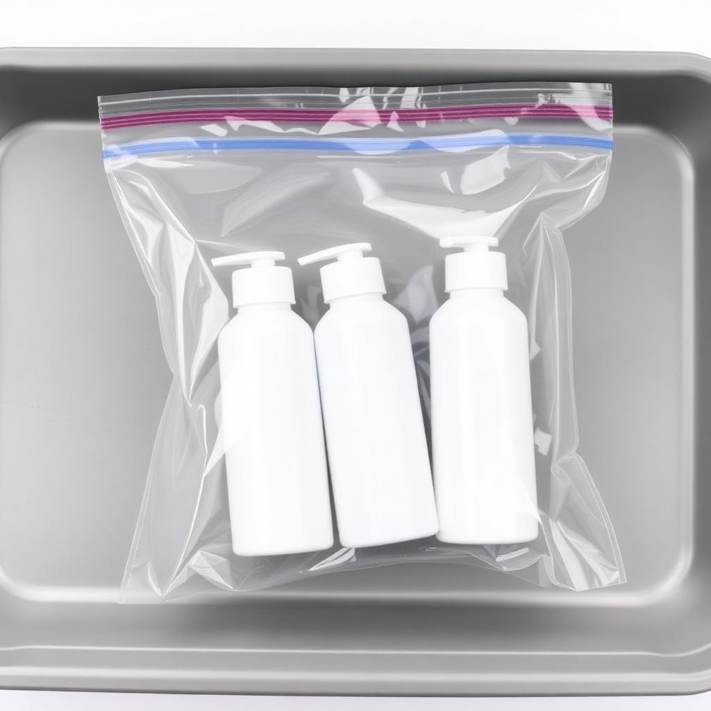 Clear plastic ziplock quart bag with small unmarked travel bottles on a grey airport security tray, illustrating the TSA 3-1-1 liquids rule
