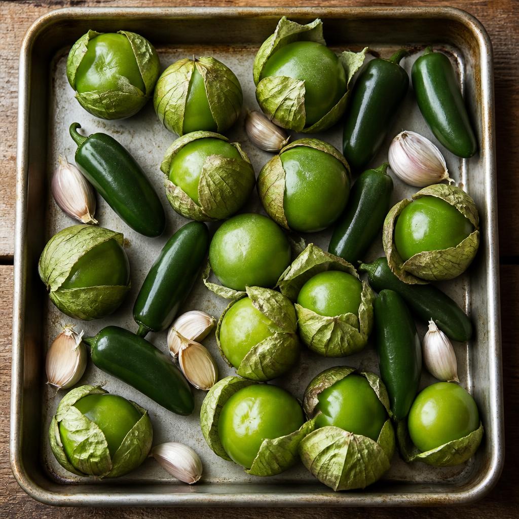 Fresh green tomatillos with husks partially peeled back arranged on a baking sheet next to jalapenos and garlic