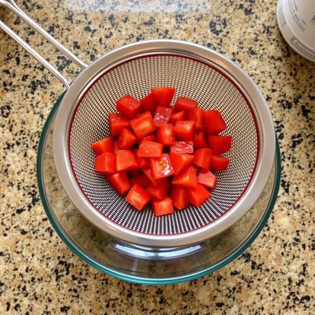 Diced fresh Roma tomatoes draining inside a mesh colander set over a glass bowl