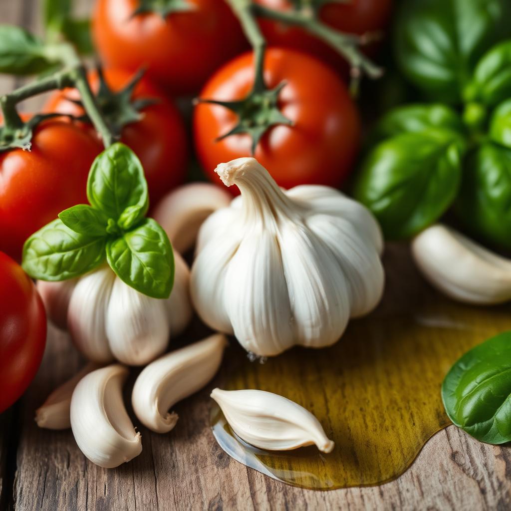 Fresh tomatoes, garlic cloves, basil leaves and olive oil arranged on a rustic wooden surface