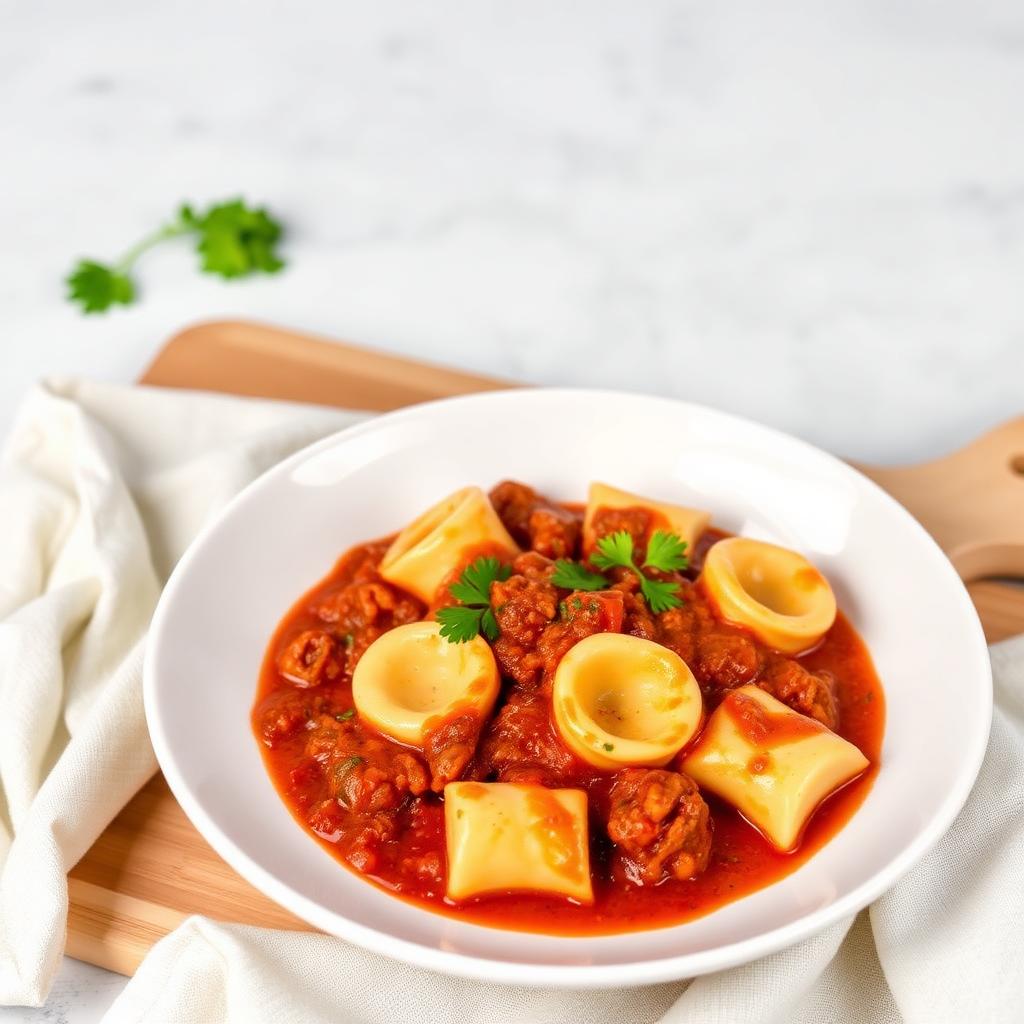 Plain white plate of cheese tortellini in beef ragu sauce garnished with parsley on a wooden cutting board