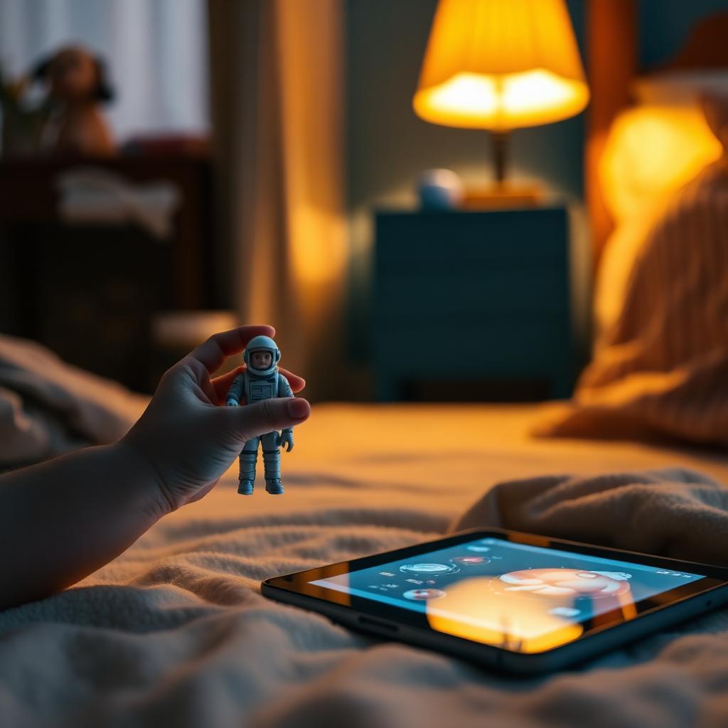 A child's hand holding a small toy astronaut figure on a bedroom floor next to a glowing tablet device in warm lamp light