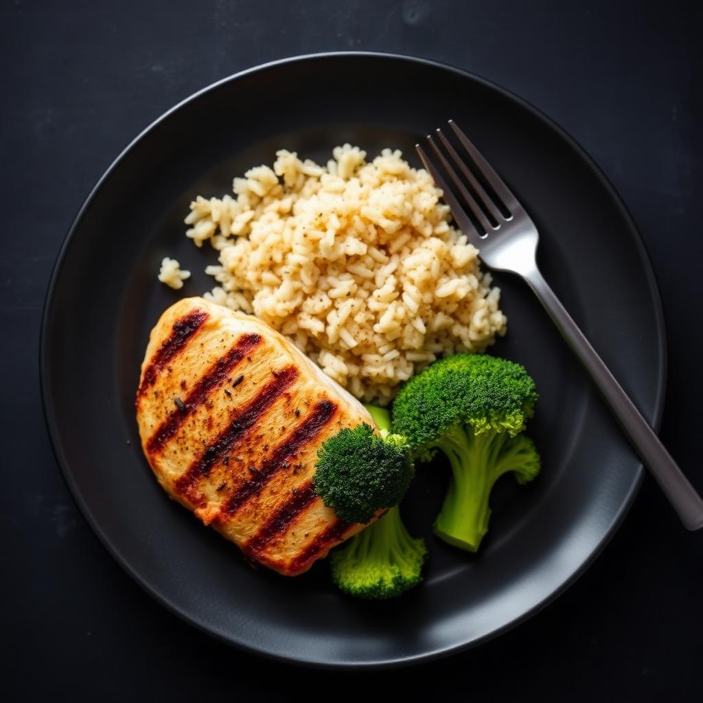 High protein meal of grilled chicken, brown rice and steamed broccoli on a black plate