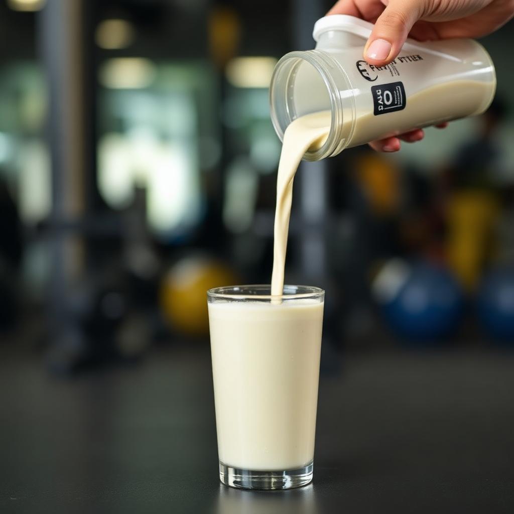 Vanilla protein shake being poured from a shaker bottle into a glass at the gym