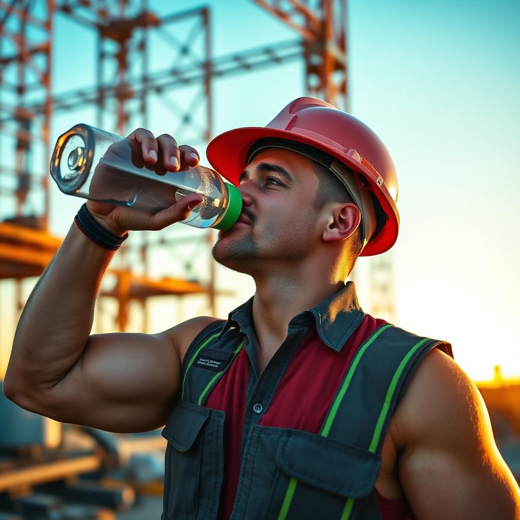 Construction worker in a hard hat drinking from a water bottle on a job site