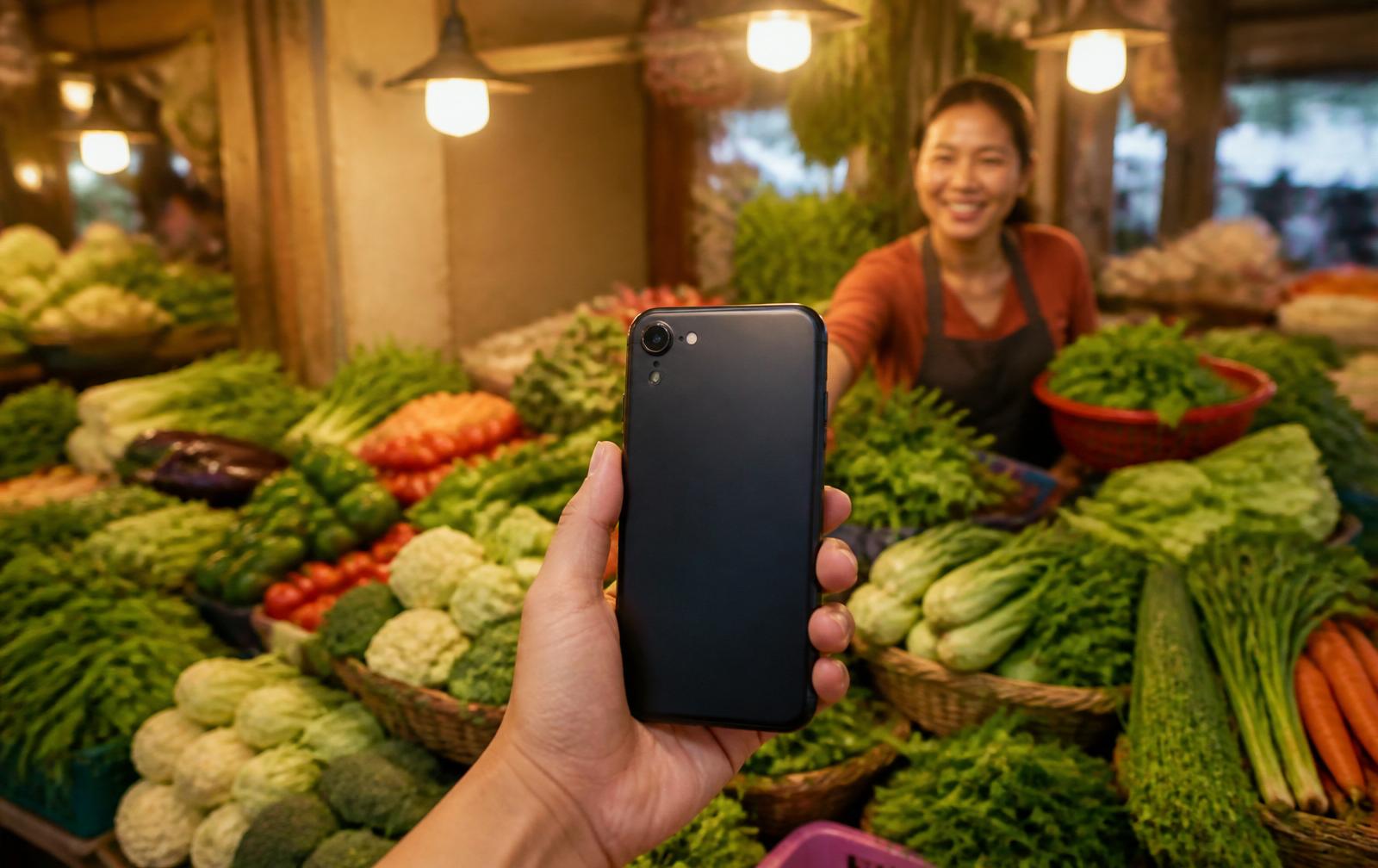 Hands holding a smartphone scanning a printed menu in a cafe