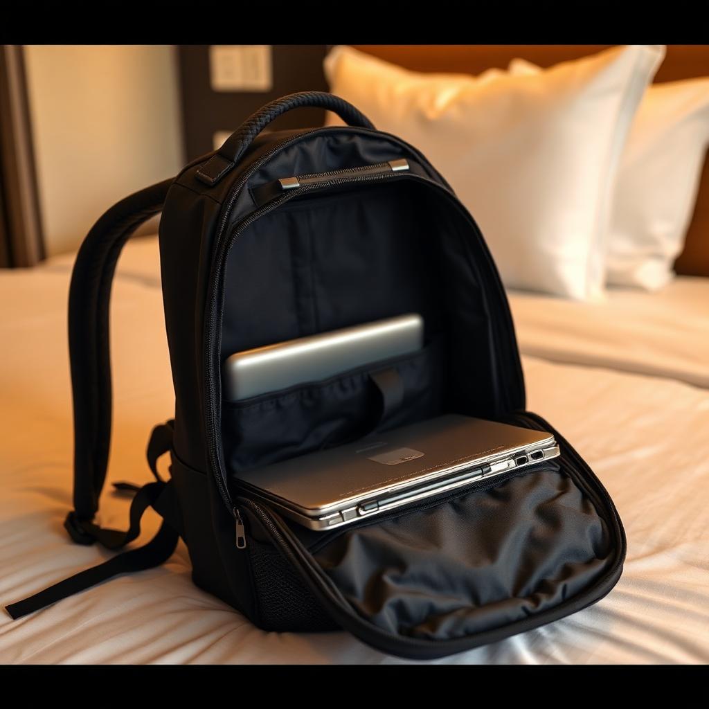 A modern clamshell travel backpack lying open on a hotel bed showing an internal padded laptop compartment and organized interior panels