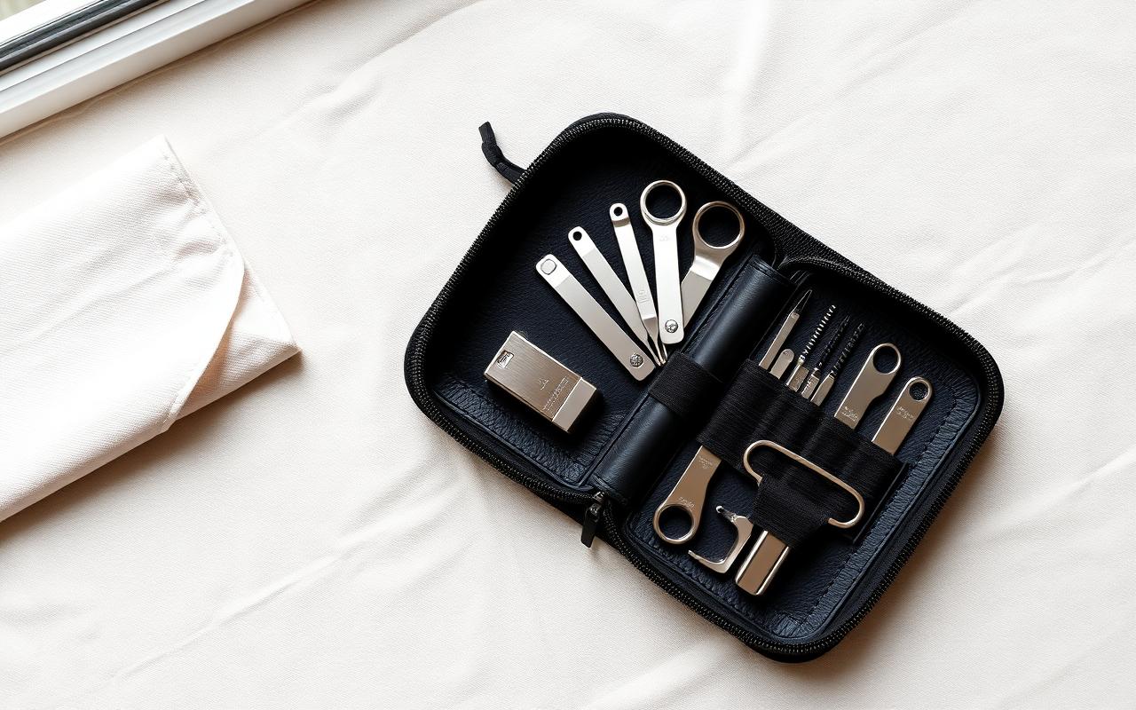 Open dark leather travel grooming case with stainless steel manicure tools in elastic loops