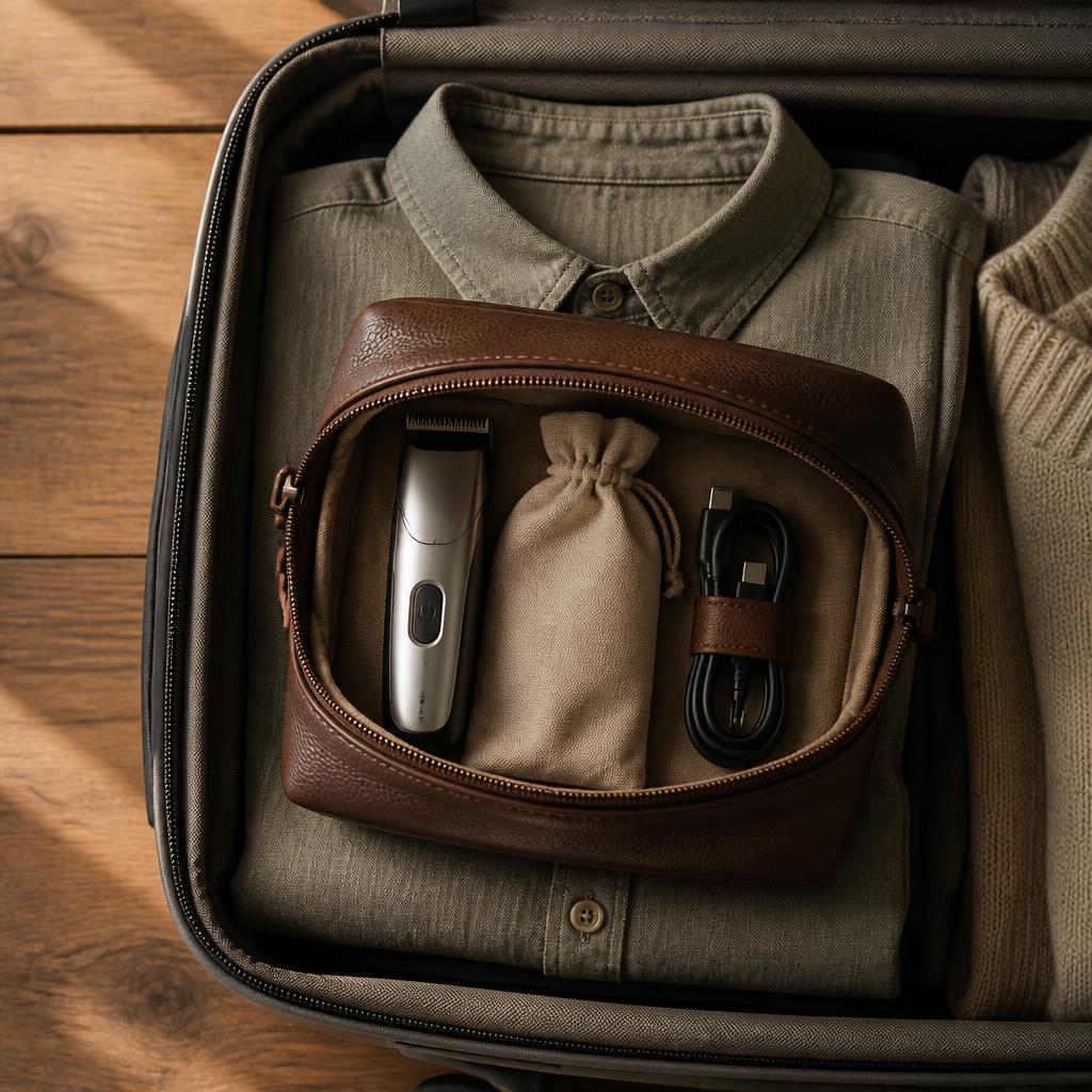 A bearded man in a hotel room sitting by a bright window running a small matte black cordless travel beard trimmer along his short beard along his cheek with an open carry on suitcase visible slightly out of focus in the background