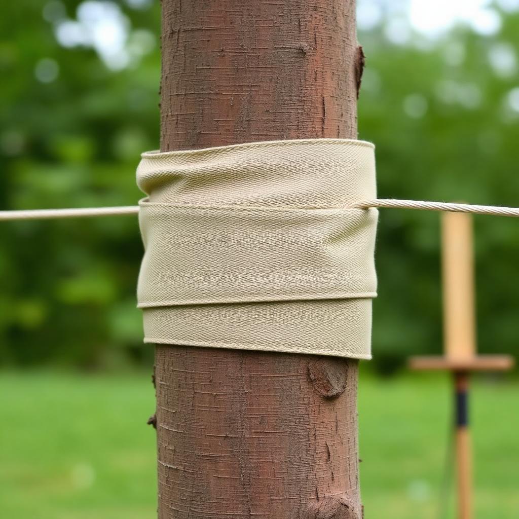 A wide canvas tree strap wrapped around a trunk attached to a guy wire heading to a stake