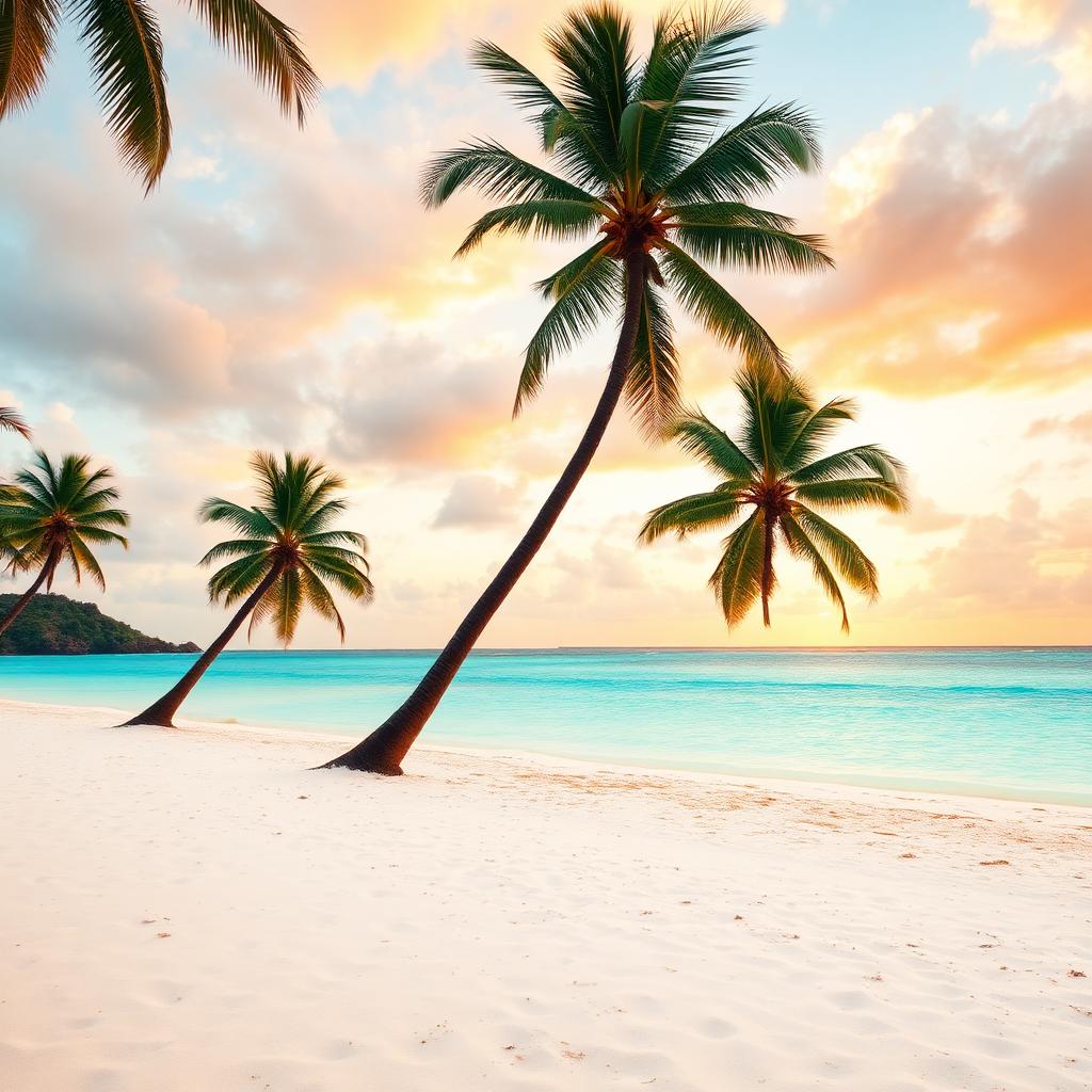 the Best Places to Travel in December: A calm tropical beach at sunset with leaning palm trees, white sand, and turquoise water under a warm golden sky