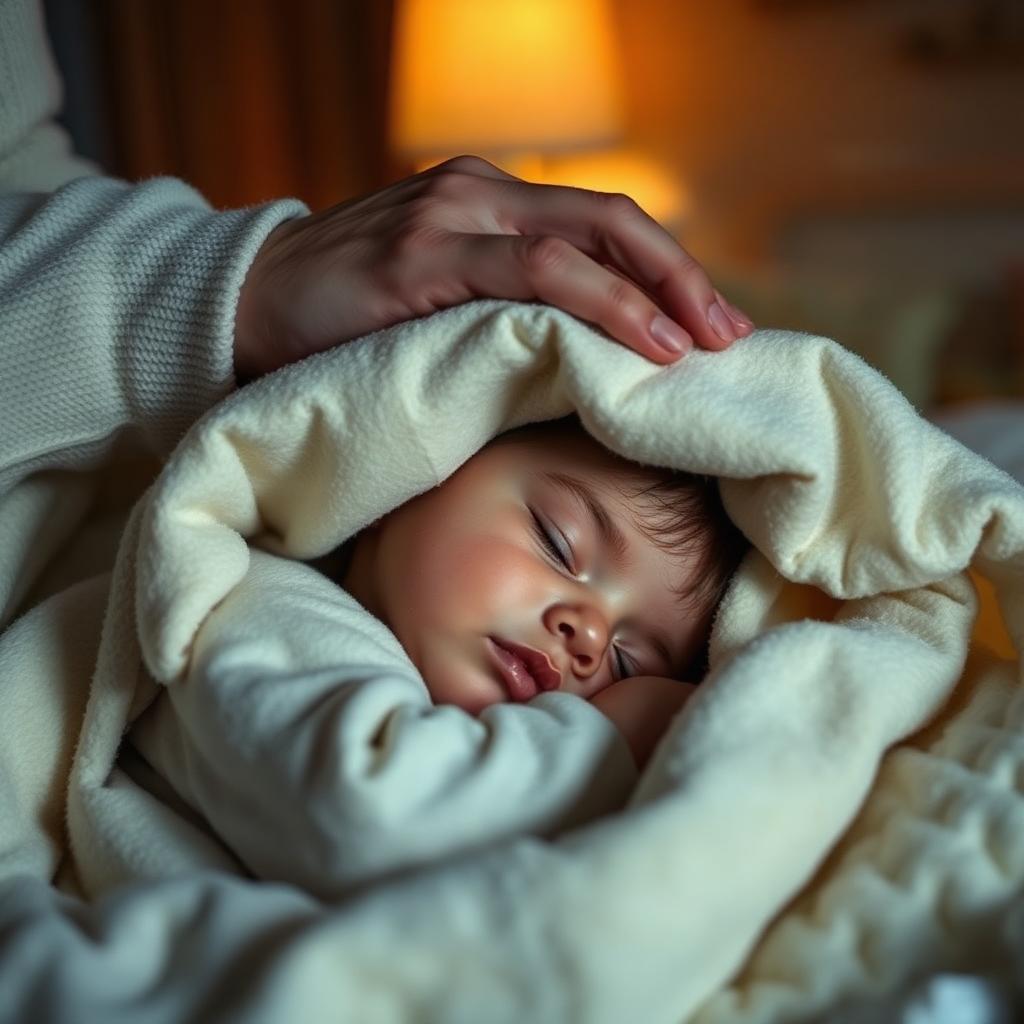 A parent's hand gently tucking a soft blanket around a sleeping child under warm lamp light, the moment many families say now I lay me down to sleep