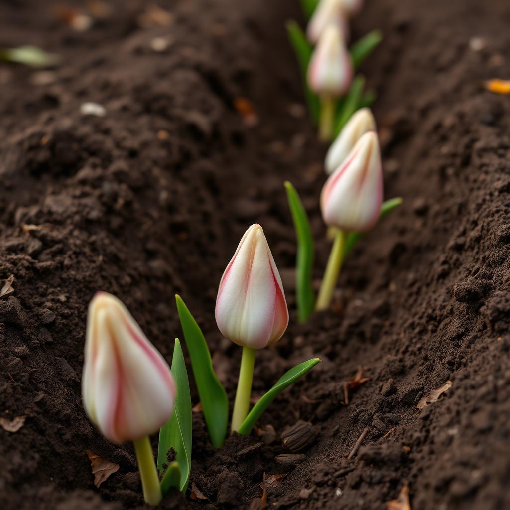A row of tulip bulbs sitting point up in a freshly dug planting trench in dark autumn soil