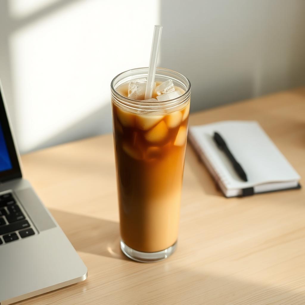 Insulated tumbler holding an iced coffee with a reusable straw on a bright wooden workspace next to a laptop and notebook