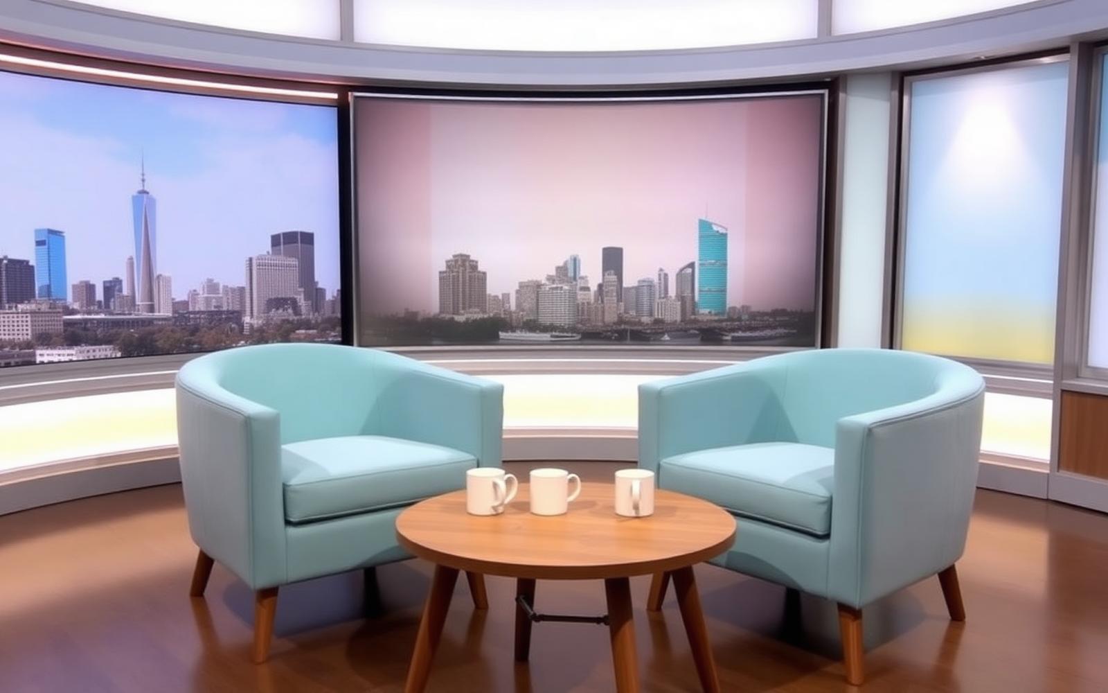 Empty daytime television interview studio with two pale blue armchairs and a small wooden coffee table, the kind of set where the Venezuela Fury and Noah Price engagement has been discussed publicly