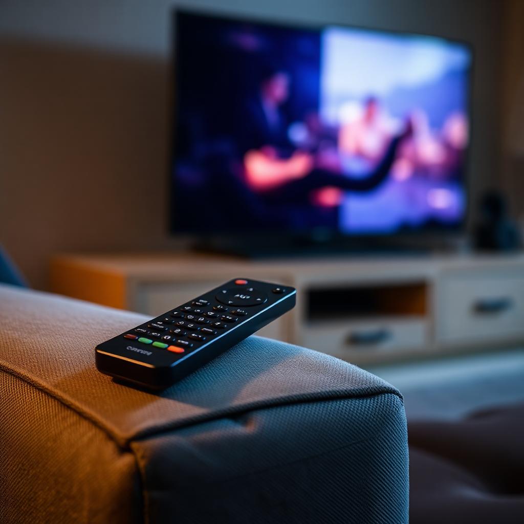 A black television remote resting on a couch armrest with a blurred TV screen glowing in the background