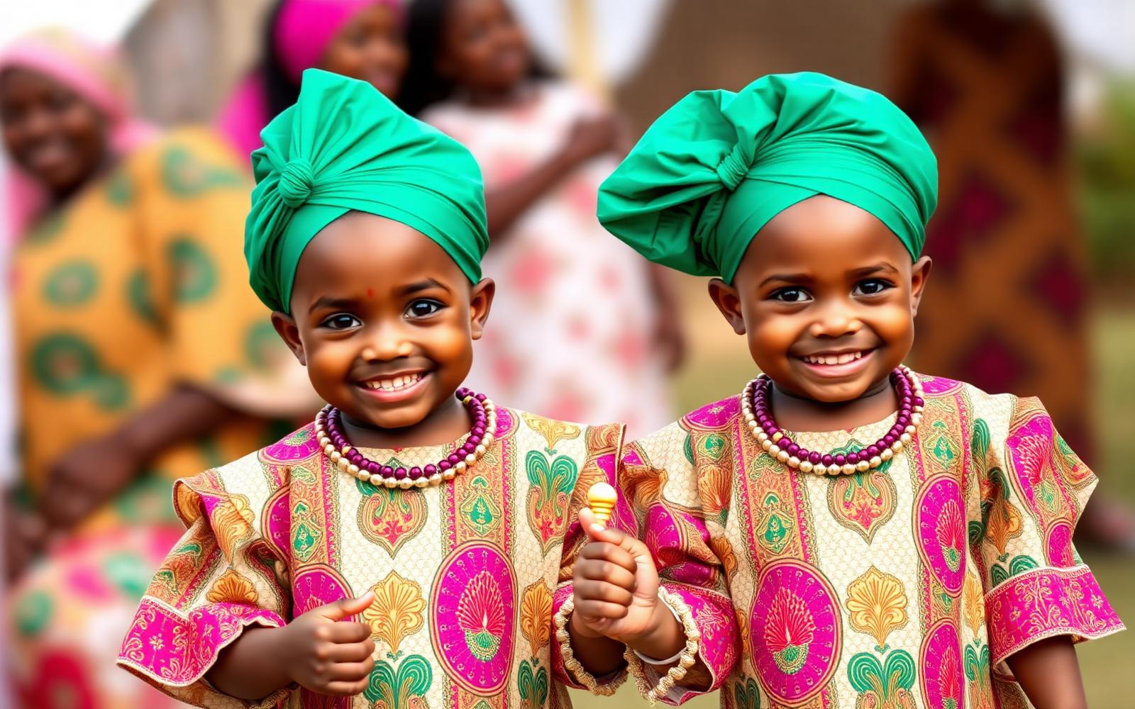 Two identical Nigerian twin children in matching colorful traditional Yoruba outfits smiling and holding hands at a family celebration in Igbo-Ora, the town often called the twin capital of the world