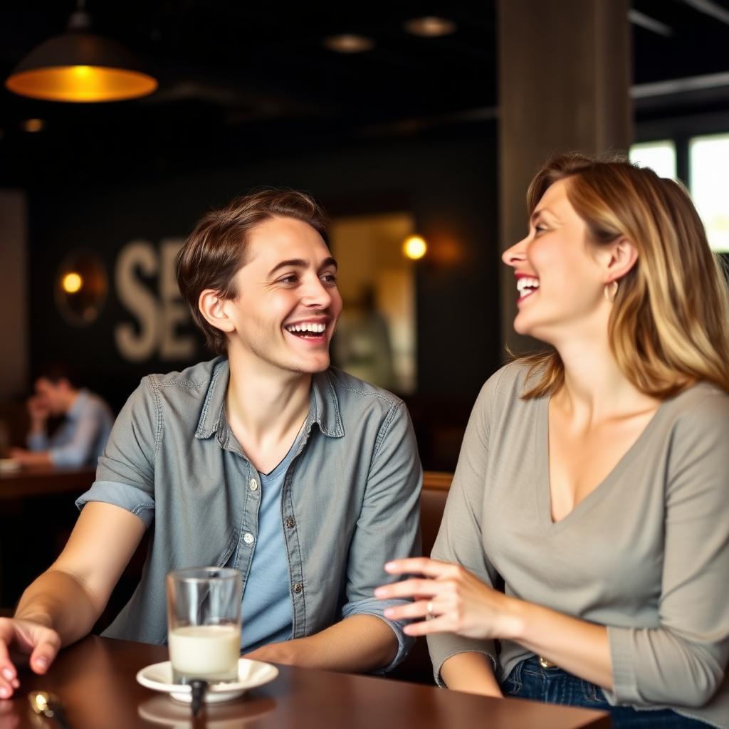 Two people in animated friendly conversation at a cafe, smiling and engaged