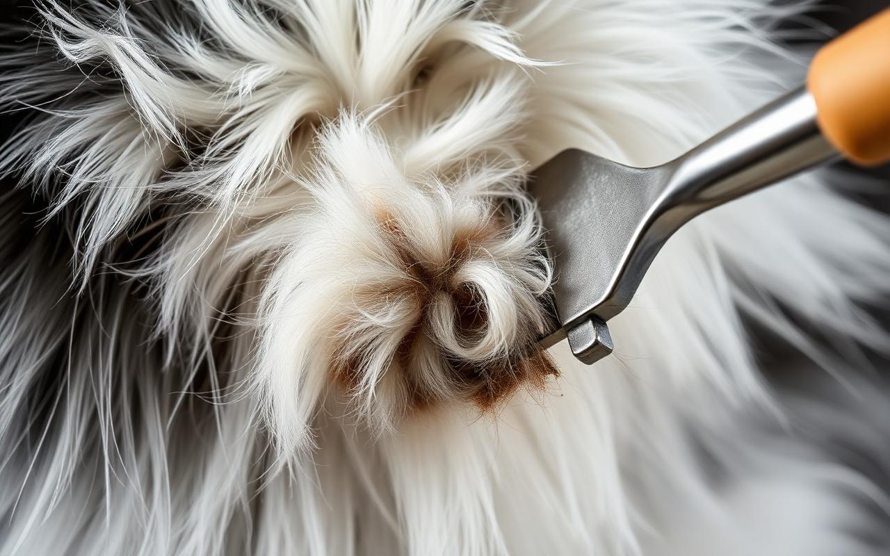 Close-up of a metal undercoat rake lifting loose fluffy undercoat clumps out of the dense fur of a husky