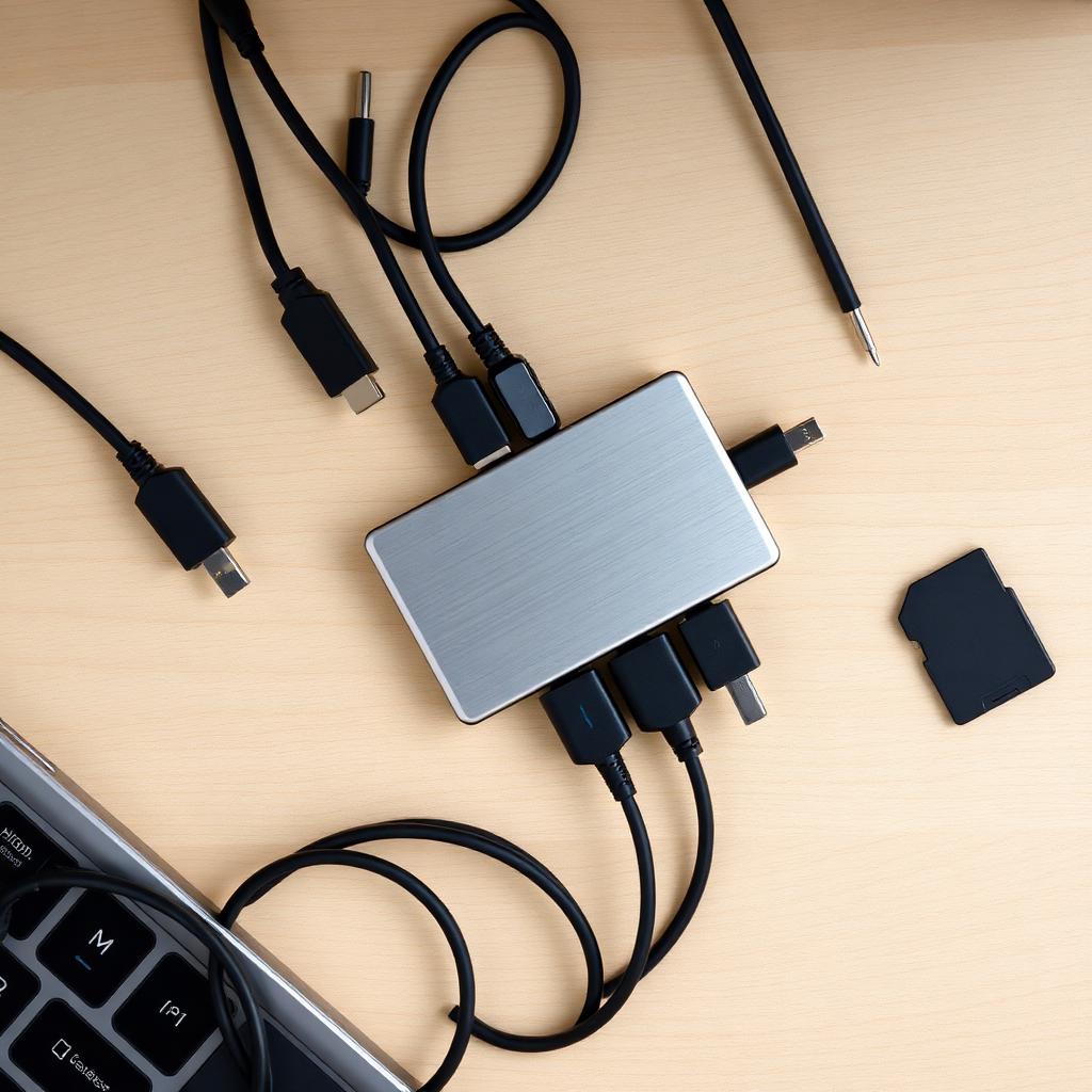 Aluminum USB-C hub on a wood desk with HDMI, USB, and SD cables plugged in