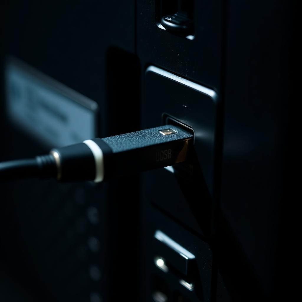 A USB flash drive being inserted into the back of a desktop PC