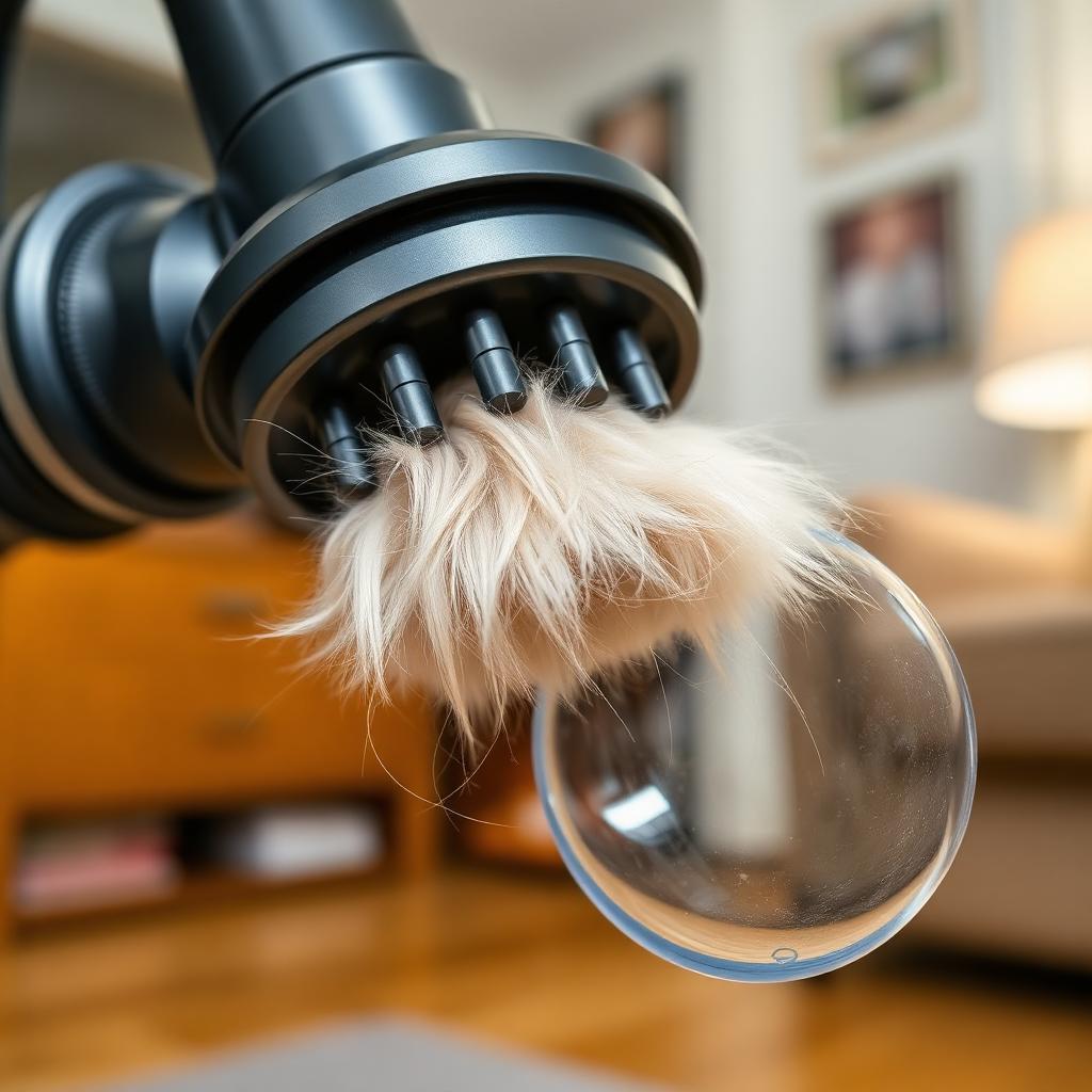 Grooming vacuum attachment with retractable slicker pins clipped onto a vacuum wand, with loose dog hair in the collection tube