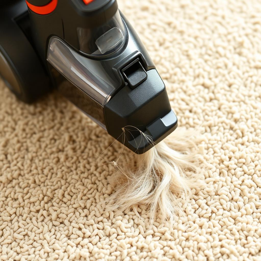 Close up of a cordless vacuum cleaner head lifting light colored pet hair off a beige plush carpet in bright daylight