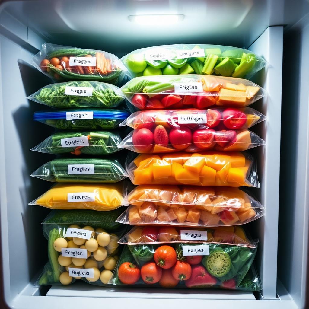 Vacuum sealed bags of colorful vegetables and fruit stacked neatly inside an organized freezer drawer.