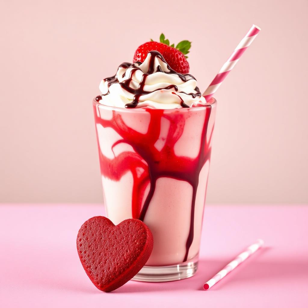 Valentine's chocolate strawberry drink with whipped cream, red strawberry puree drizzle, and a heart cake pop on a pink surface